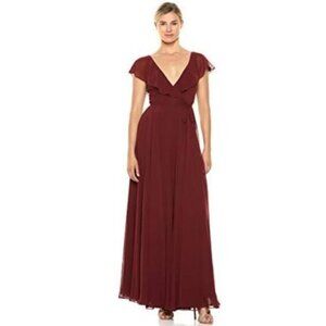 JENNY YOO "Faye" Flutter Sleeve Wrap Maxi Gown Burgundy ("Hibiscus") Women 18